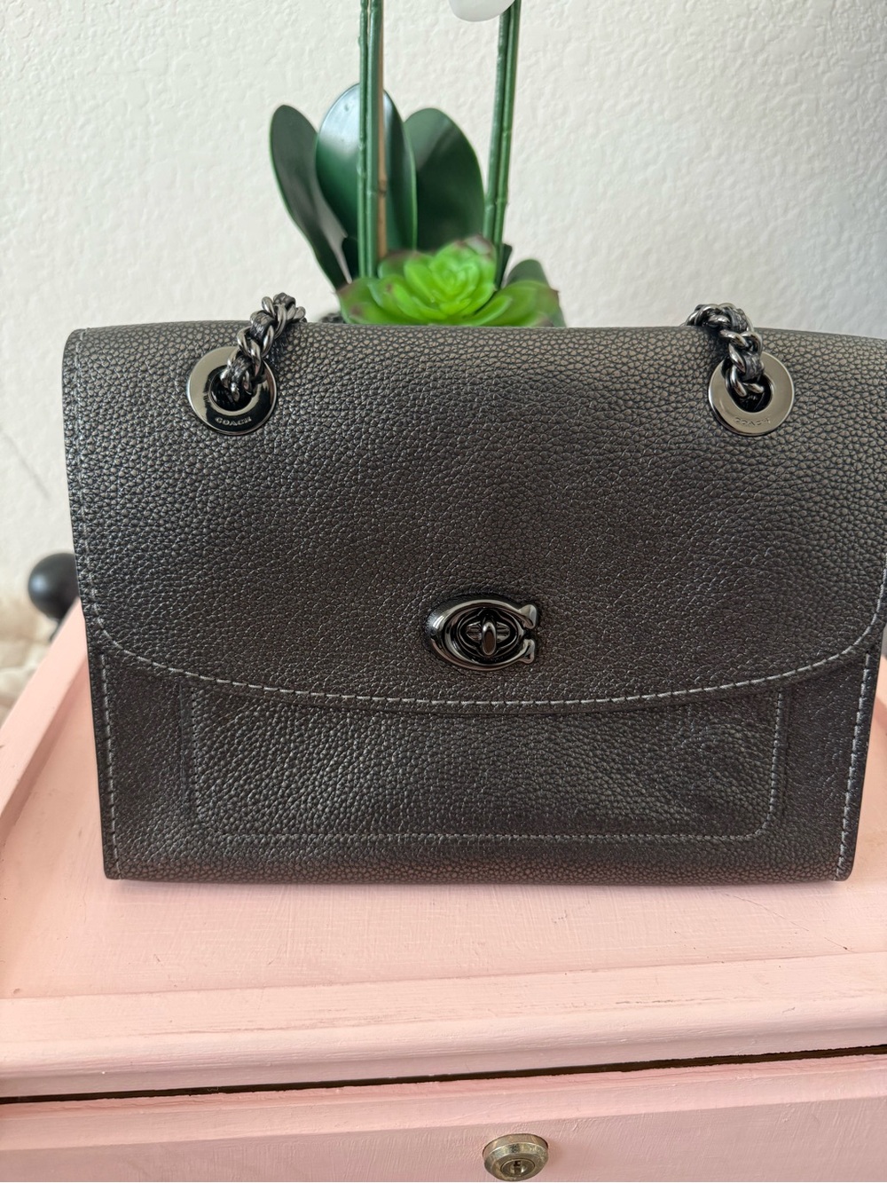 Coach Parker Graphite/Gunmetal Kisslock Closure Suede Interior
